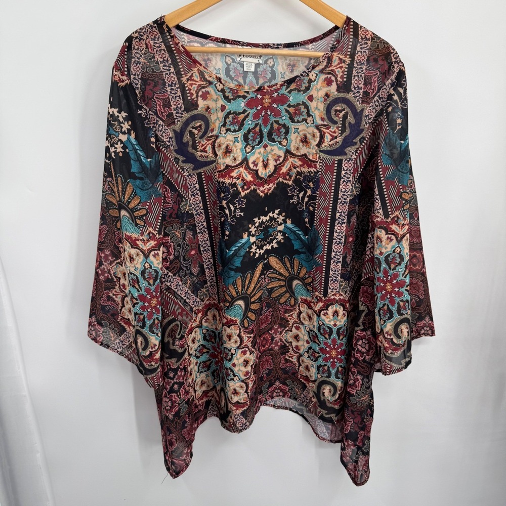 Tanzara Womens Floral Earthy Medallion Tunic Top Flare Sleeve 22/44 Boho‎ Flowy